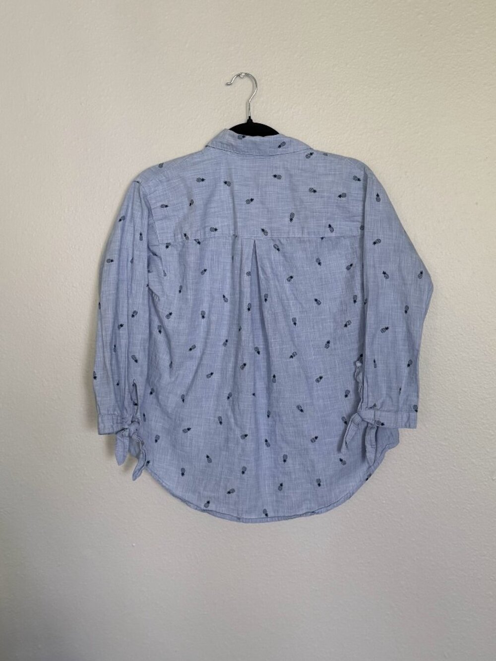 Madewell Shrunken Trapeze Shirt XS Blue Pineapple Print Button Down Tie Sleeve - Picture 2 of 9